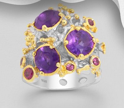 ADIORE JEWELS - 925 Sterling Silver Ring, Decorated with Amethysts and Rhodolites, Plated with 3 Micron 22K Yellow Gold