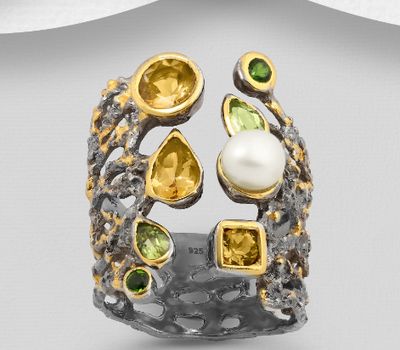 ADIORE JEWELS - 925 Sterling Silver Ring Decorated with Freshwater Pearl, Citrines, Chrome Diopsides and Peridots, Plated with 3 Micron 22K Yellow Gold and Grey Ruthenium