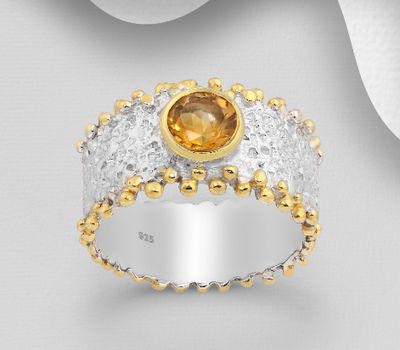 ADIORE JEWELS - 925 Sterling Silver Ring Decorated with Citrine, Plated with 3 Micron 22K Yellow Gold and White Rhodium