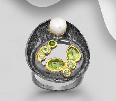 Şəkli böyütmək üçün tiklayın ADIORE JEWELS - 925 Sterling Silver Ring Decorated with Freshwater Pearl, Green Sapphire, Chrome Diopsides and Peridots, Plated with 3 Micron 22K Yellow Gold and Grey Ruthenium