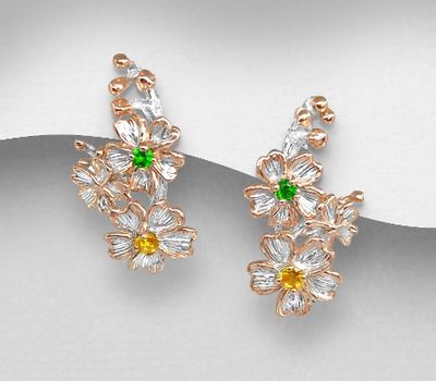 ADIORE JEWELS - 925 Sterling Silver Flower Push-Back Earrings, Decorated with Orange Sapphire and Chrome Diopside, Plated with 3 Micron 22K Pink Gold