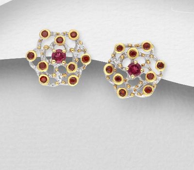 ADIORE JEWELS - 925 Sterling Silver Omega Lock Earrings, Decorated with Garnet and Rhodolites, Plated with 3 Micron 22K Yellow Gold and White Rhodium