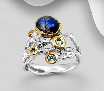 ADIORE JEWELS - 925 Sterling Silver Ring, Decorated with Sky-Blue Topaz and Spectrolite, Pated with 3 Micron 22K Yellow Gold