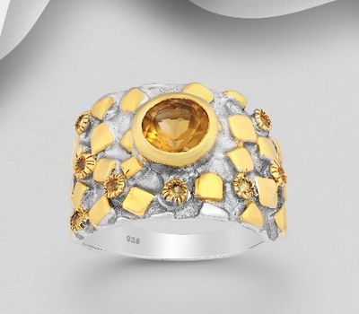ADIORE JEWELS - 925 Sterling Silver Ring, Decorated with Orange Sapphires and Citrine, Plated with 3 Micron 22K Yellow Gold and White Rhodium