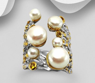 ADIORE JEWELS - 925 Sterling Silver Adjustable Ring, Decorated with Freshwater Pearls and Yellow Sapphires, Plated with 3 Micron 22K Yellow Gold and White Rhodium