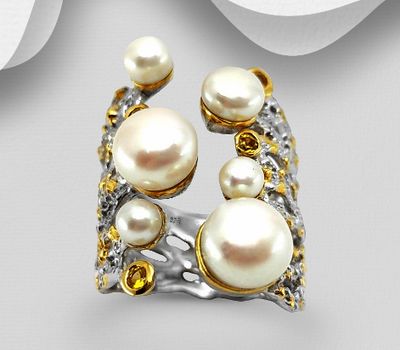 Şəkli böyütmək üçün tiklayın ADIORE JEWELS - 925 Sterling Silver Adjustable Ring, Decorated with Freshwater Pearls and Yellow Sapphires, Plated with 3 Micron 22K Yellow Gold and White Rhodium