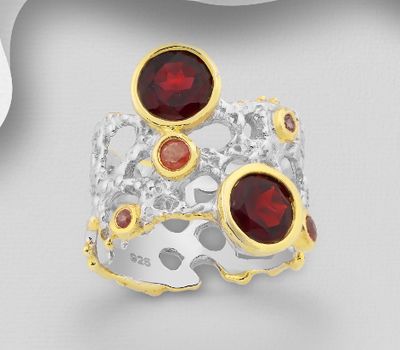 ADIORE JEWELS - 925 Sterling Silver Ring, Decorated with Garnet, Orange Sapphires and Red Sapphires, Plated with 3 Micron 22K Yellow Gold