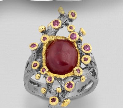 ADIORE JEWELS - 925 Sterling Silver Ring Decorated with Ruby and Rhodolites, Plated with 3 Micron 22K Yellow Gold and Grey Ruthenium