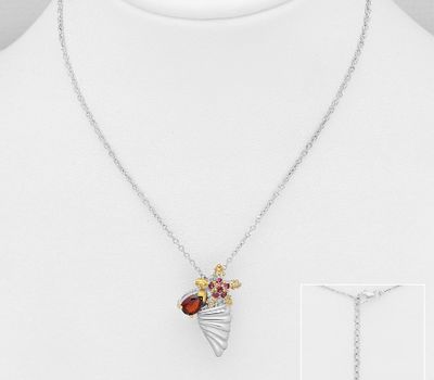 ADIORE JEWELS - 925 Sterling Silver Shell and Starfish Necklace, Decorated with Garnet and Rhodolites, Plated with 3 Micron 22K Yellow Gold and White Rhodium