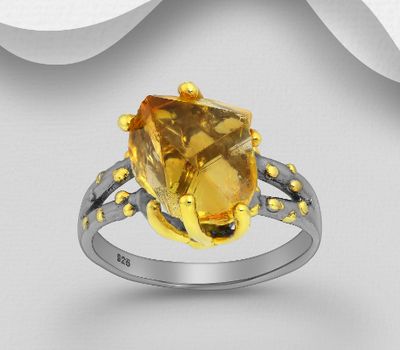 Şəkli böyütmək üçün tiklayın ADIORE JEWELS - 925 Sterling Silver Ring, Decorated with Citrine, Plated with 3 Micron 22K Yellow Gold and Grey Ruthenium