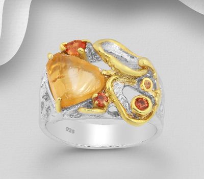 Şəkli böyütmək üçün tiklayın ADIORE JEWELS - 925 Sterling Silver Ring, Decorated with Citrine and Orange Sapphires, Plated with 3 Micron 22K Yellow Gold and White Rhodium