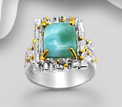 Şəkli böyütmək üçün tiklayın ADIORE JEWELS - 925 Sterling Silver Ring, Decorated with Larimar, Decorated with 3 Micron 22K Yellow Gold