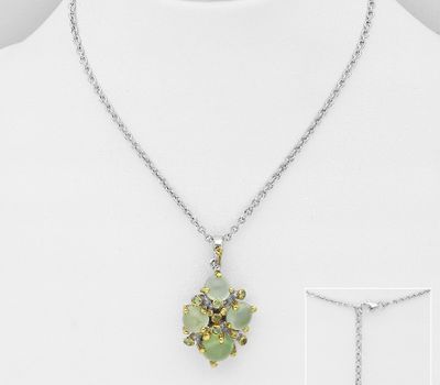 ADIORE JEWELS - 925 Sterling Silver Necklace, Decorated with Green Sapphires and Prehnites, Plated with 3 Micron 22K Yellow Gold and White Rhodium