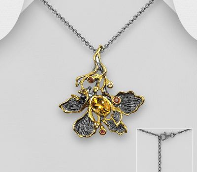 ADIORE JEWELS - 925 Sterling Silver Necklace, Decorated with Orange Sapphire, Yellow Sapphire and Citrine, Plated with 3 Micron 22K Yellow Gold and Grey Ruthenium