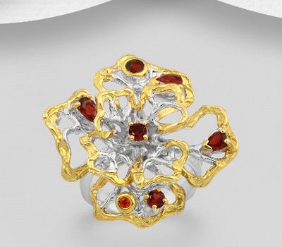 ADIORE JEWELS - 925 Sterling Silver Ring Decorated with Orange Sapphire and Garnets, Plated with 3 Micron 22K Yellow Gold and White Rhodium