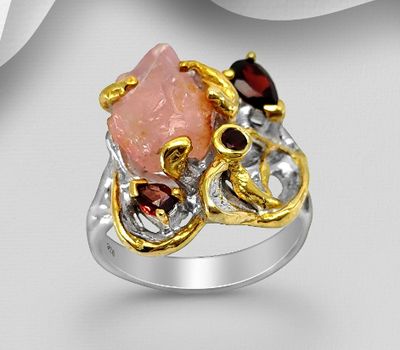 Şəkli böyütmək üçün tiklayın ADIORE JEWELS - 925 Sterling Silver Ring, Decorated with Garnet and Rose Quartz, Plated with 3 Micron 22K Yellow Gold and White Rhodium