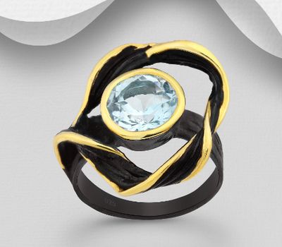 ADIORE JEWELS - 925 Sterling Silver Ring, Decorated with Sky-Blue Topaz, Plated with 3 Micron 22K Yellow Gold and Black Rhodium