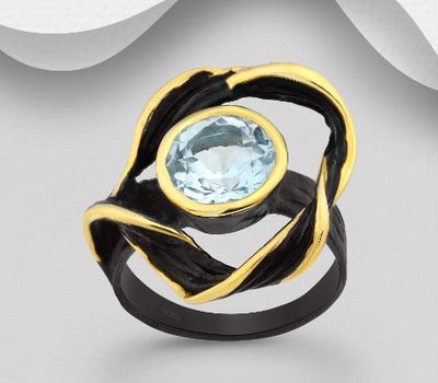 Şəkli böyütmək üçün tiklayın ADIORE JEWELS - 925 Sterling Silver Ring, Decorated with Sky-Blue Topaz, Plated with 3 Micron 22K Yellow Gold and Black Rhodium