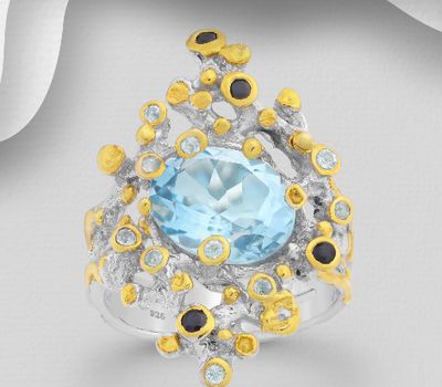 ADIORE JEWELS - 925 Sterling Silver Ring, Decorated with Blue Sapphires and Sky-Blue Topaz, Plated with 3 Micron 22K Yellow Gold