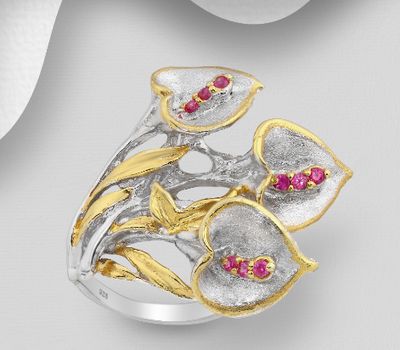 ADIORE JEWELS - 925 Sterling Silver Leaf Ring Decorated with Pink Sapphires, Plated with 3 Micron 22K Yellow Gold and White Rhodium