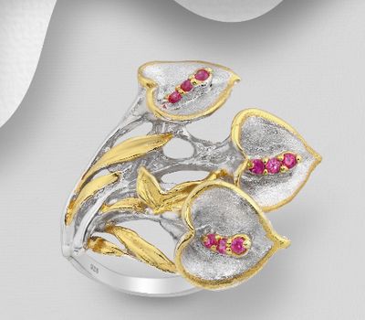 Şəkli böyütmək üçün tiklayın ADIORE JEWELS - 925 Sterling Silver Leaf Ring Decorated with Pink Sapphires, Plated with 3 Micron 22K Yellow Gold and White Rhodium