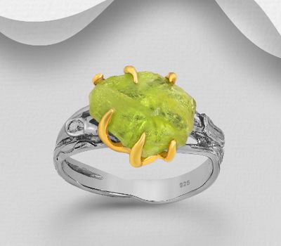 ADIORE JEWELS - 925 Sterling Silver Ring, Decorated with Peridot, Prong Plated with 3 Micron 22K Yellow Gold and Grey Ruthenium.