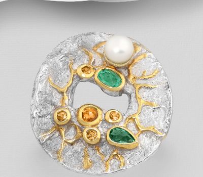 ADIORE JEWELS - 925 Sterling Silver Ring Decorated with Freshwater Pearl, Emeralds, Orange Sapphires and Yellow Sapphires, Plated with 3 Micron 22K Yellow Gold and White Rhodium
