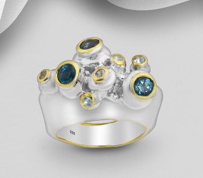 Şəkli böyütmək üçün tiklayın ADIORE JEWELS - 925 Sterling Silver Ring, Decorated with London Blue Topaz and Sky-Blue Topaz, Plated with 3 Micron 22K Yellow Gold and White Rhodium
