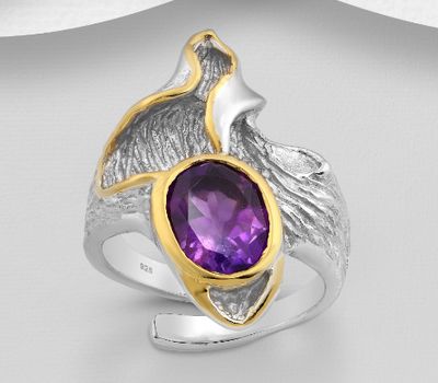 ADIORE JEWELS - 925 Sterling Silver Ring Decorated with Amethyst, Plated with 3 Micron 22K Yellow Gold and White Rhodium