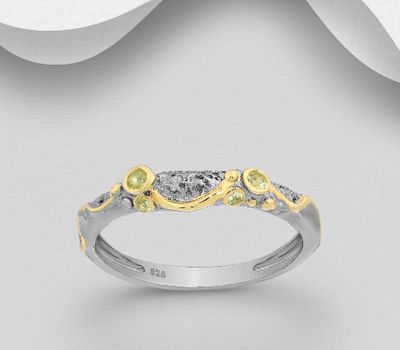 ADIORE JEWELS - 925 Sterling Silver Band Ring, Decorated with Peridots, Plated with 3 Micron 22K Yellow Gold and Grey Ruthenium