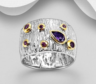 ADIORE JEWELS - 925 Sterling Silver Ring, Decorated with Amethyst and Rhodolite, Plated with 3 Micron 22K Yellow Gold