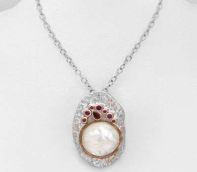 ADIORE JEWELS - 925 Sterling Silver Necklace Decorated with Shell, Garnets and Rhodolite, Plated with 3 Micron 22K Pink Gold and White Rhodium