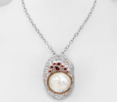 Şəkli böyütmək üçün tiklayın ADIORE JEWELS - 925 Sterling Silver Necklace Decorated with Shell, Garnets and Rhodolite, Plated with 3 Micron 22K Pink Gold and White Rhodium
