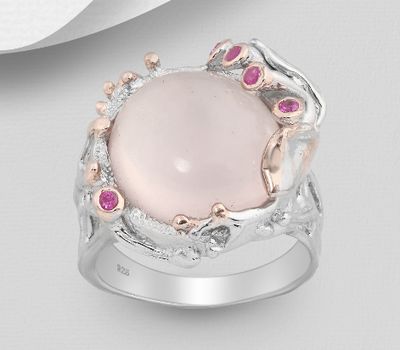 ADIORE JEWELS - 925 Sterling Silver Ring Decorated with Pink Sapphires and Rose Quartz, Plated with 3 Micron 22K Pink Gold and White Rhodium