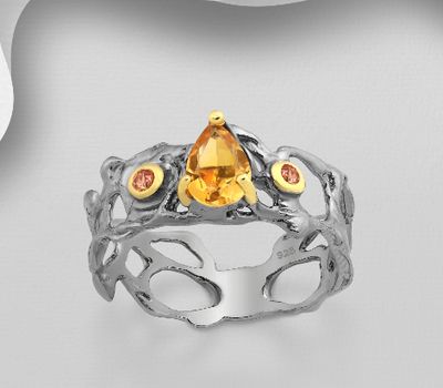 ADIORE JEWELS - 925 Sterling Silver Ring, Decorated with Orange Sapphires and Citrine, Plated with 3 Micron 22K Yellow Gold and Grey Ruthenium