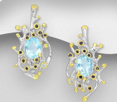ADIORE JEWELS - 925 Sterling Silver Push-Back Earrings, Decorated with Sky-Blue Topaz and Blue Sapphires, Plated with 3 Micron Yellow Gold