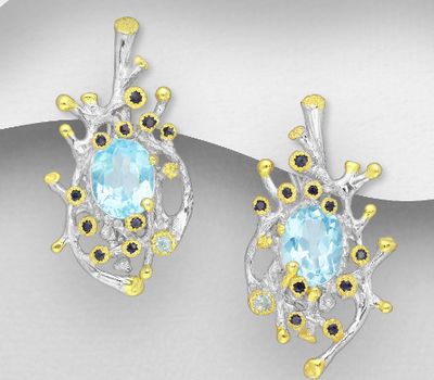 Şəkli böyütmək üçün tiklayın ADIORE JEWELS - 925 Sterling Silver Push-Back Earrings, Decorated with Sky-Blue Topaz and Blue Sapphires, Plated with 3 Micron Yellow Gold