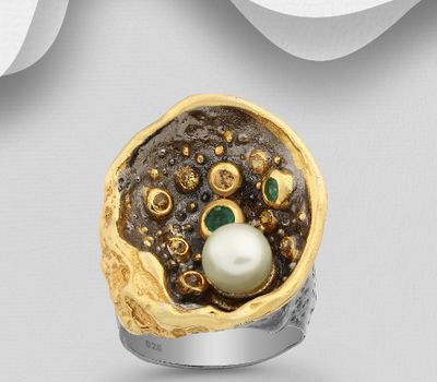 ADIORE JEWELS - 925 Sterling Silver Ring, Decorated with Freshwater Pearl, Green Sapphires and Orange Sapphires, Plated with 3 Micron 22K Yellow Gold and Grey Ruthenium