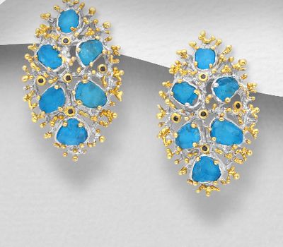ADIORE JEWELS - 925 Sterling Silver Push-Back Earrings, Decorated with Blue Sapphires and Blue Apatite, Plated with 3 Micron 22K Yellow Gold