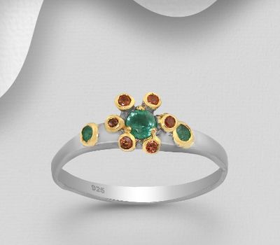 ADIORE JEWELS -925 Sterling Silver Ring Decorated with Emeralds and Orange Sapphires, Plated with 3 Micron 22K Yellow Gold and Grey Ruthenium