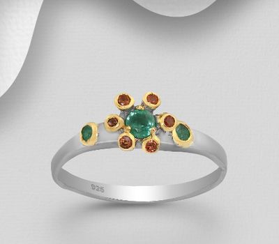 Şəkli böyütmək üçün tiklayın ADIORE JEWELS -925 Sterling Silver Ring Decorated with Emeralds and Orange Sapphires, Plated with 3 Micron 22K Yellow Gold and Grey Ruthenium