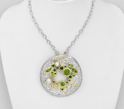 ADIORE JEWELS - 925 Sterling Silver Necklace Decorated with Freshwater Pearls, Chrome Diopsides and Peridots, Plated with 3 Micron 22K Yellow Gold and White Rhodium