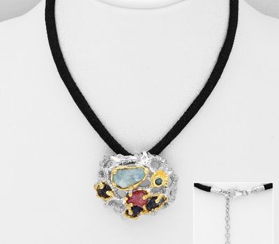 ADIORE JEWELS - 925 Sterling Silver Pendant with Cotton Filled Silk Cord Strap, Decorated with Aquamarine, Ruby, Blue Sapphire and London Blue Topaz, Plated with 3 Micron 22K Yellow Gold and White Rhodium