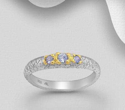 ADIORE JEWELS - 925 Sterling Silver Ring, Decorated with Tanzanites, Plated with 3 Micron 22K Yellow Gold and White Rhodium