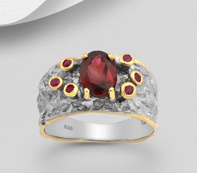 ADIORE JEWELS - 925 Sterling Silver Ring Decorated with Garnet and Red Sapphires, Plated with 3 Micron 22K Yellow Gold and Grey Ruthenium