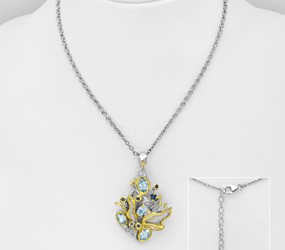 ADIORE JEWELS - 925 Sterling Silver Necklace, Decorated with Blue Sapphire and Sky-Blue Topaz, Plated with 3 Micron 22K Yellow Gold