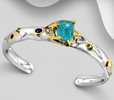 ADIORE JEWELS - 925 Sterling Silver Cuff Bracelet, Decorated with Blue Sapphire, Apatite and Tanzanite, Plated with 3 Micron 22K Yellow Gold and White Rhodium