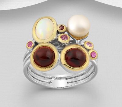 ADIORE JEWELS - 925 Sterling Silver Ring Decorated with Freshwater Pearl, Hessonite Garnets, Ethiopian Opal and Rhodolites, Plated with 3 Micron 22K Yellow Gold White Rhodium