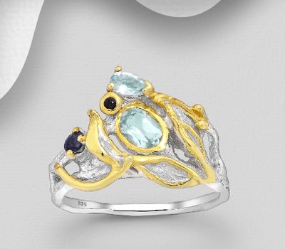 ADIORE JEWELS - 925 Sterling Silver Ring, Decorated with Sky-Blue Topaz and Blue Sapphire, Plated with 3 Micron 22K Yellow Gold