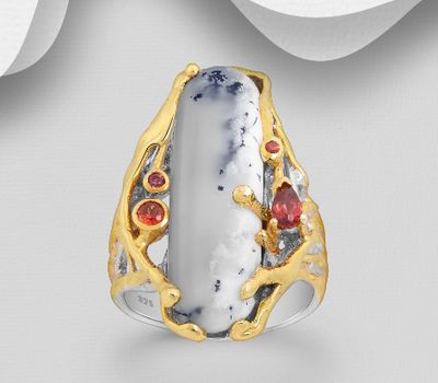 ADIORE JEWELS - 925 Sterling Silver Ring, Decorated with Orange Sapphires, Dendritic Opal and Garnet, Plated with 3 Micron 22K Yellow Gold and White Rhodium